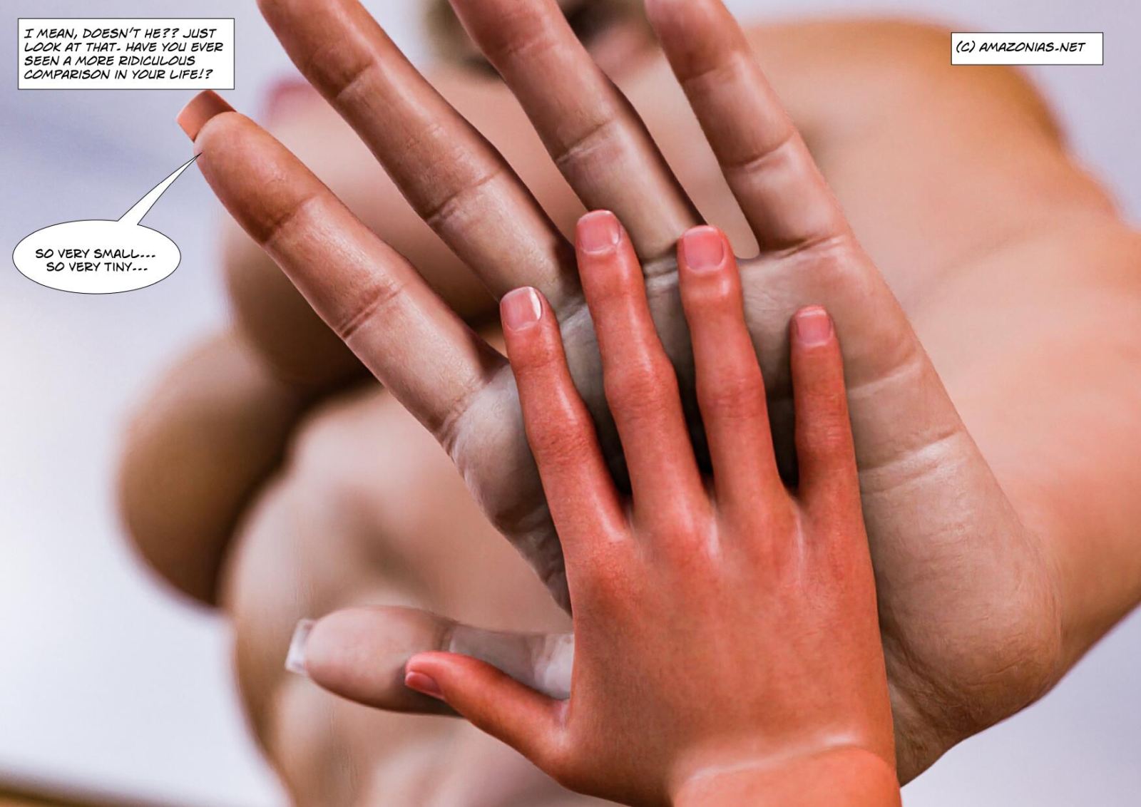 giant female hands and tiny male hands