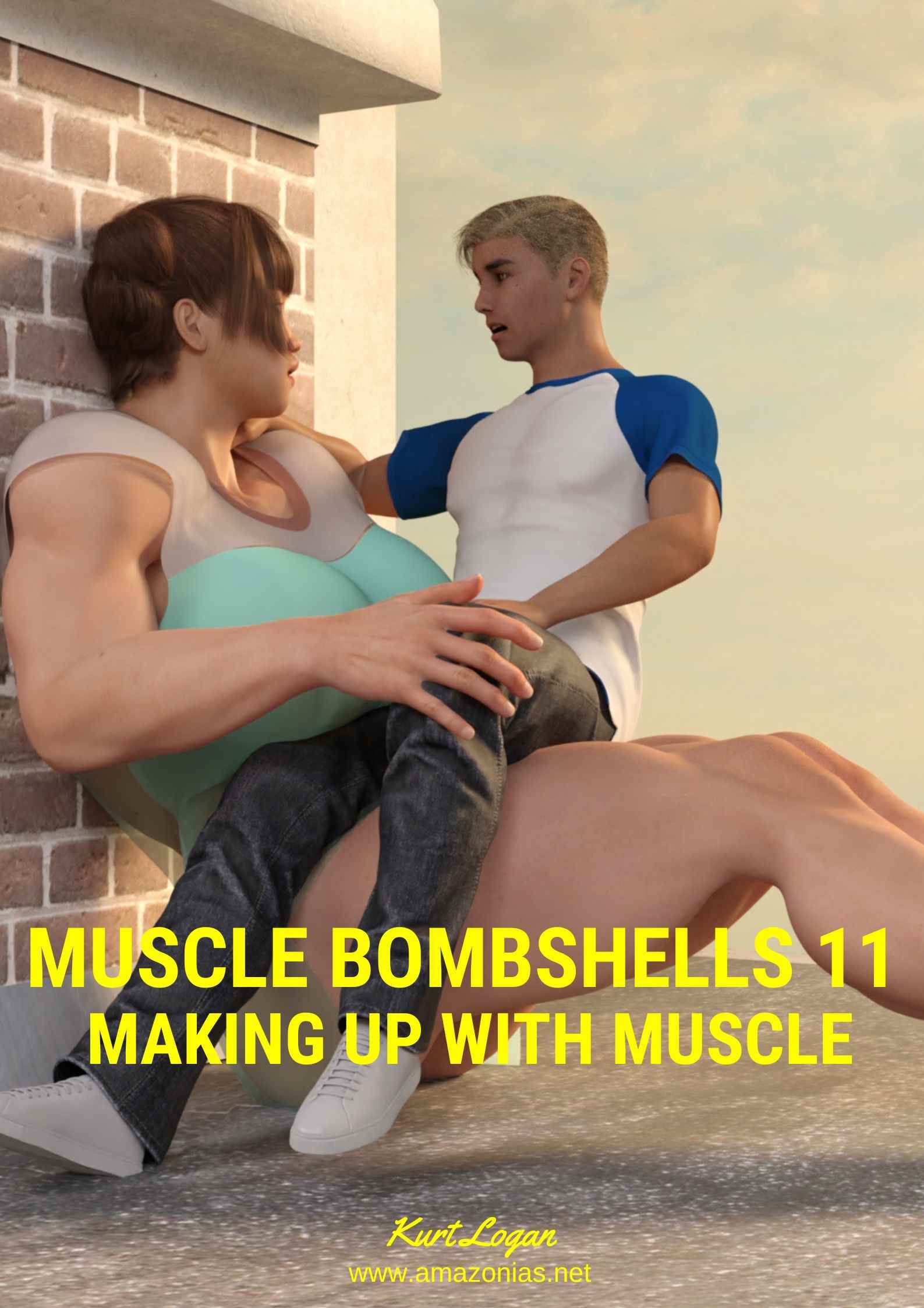 man on big female bodybuilders's lap