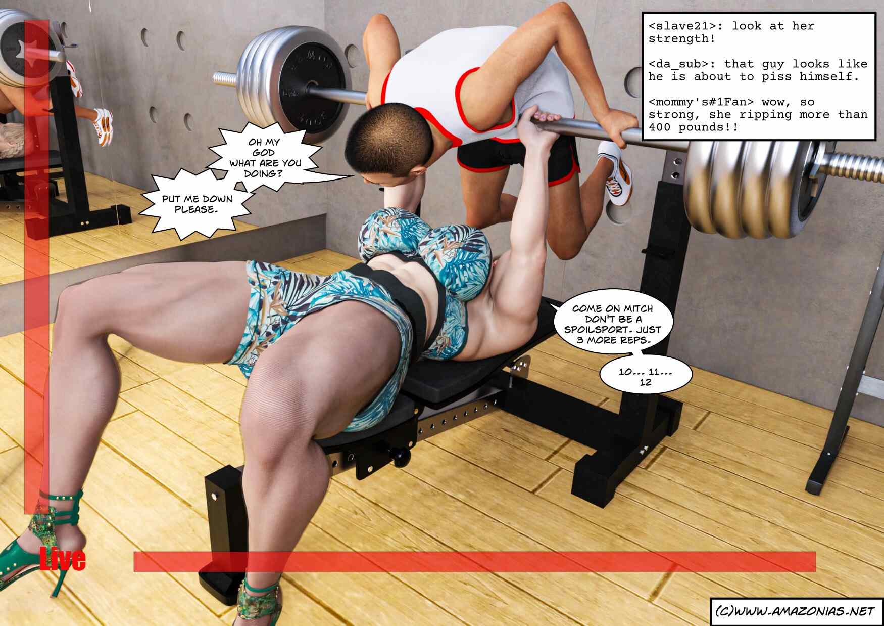 huge musclewoman benchpressing guy