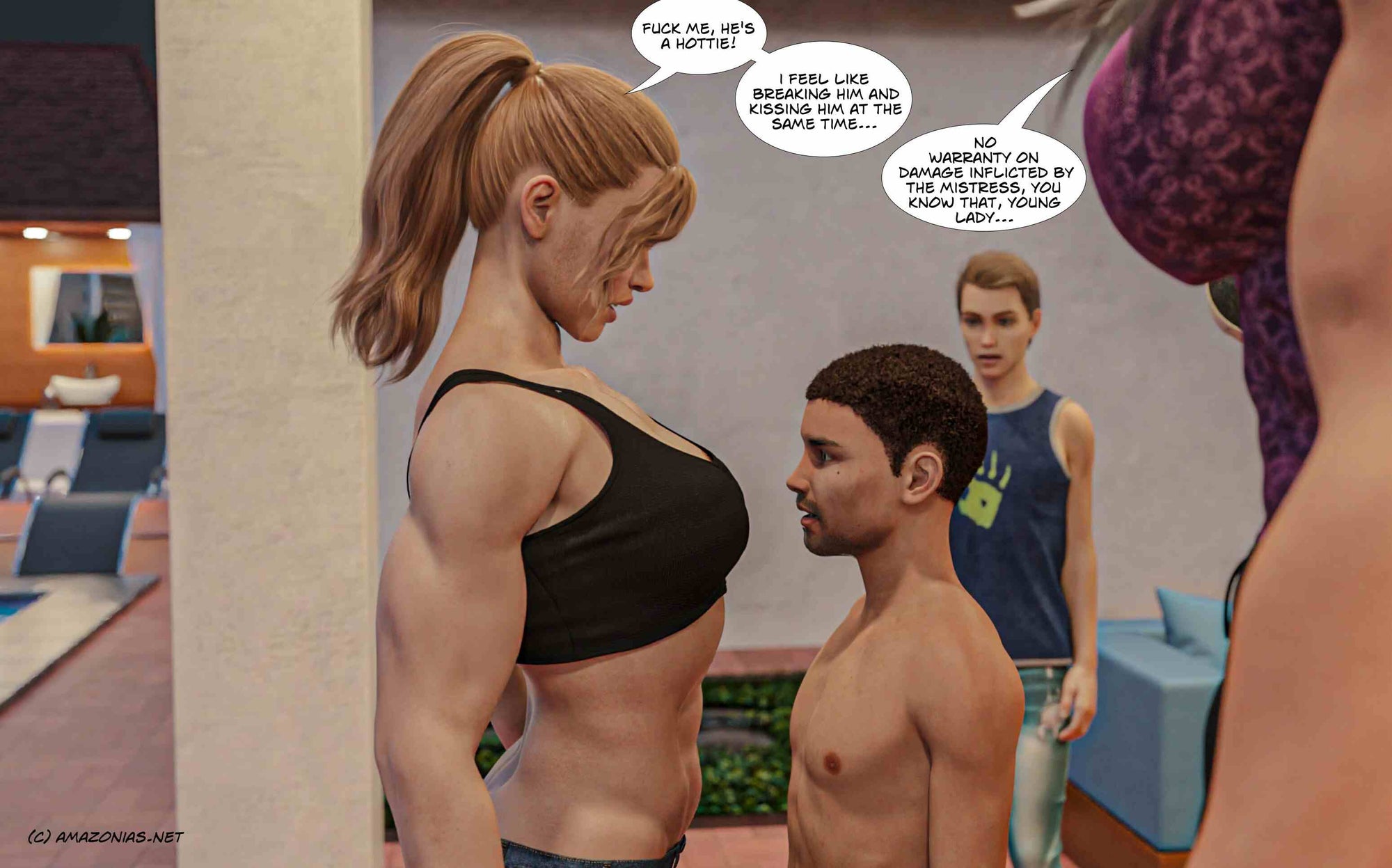 tall young musclegirl intimidating small man