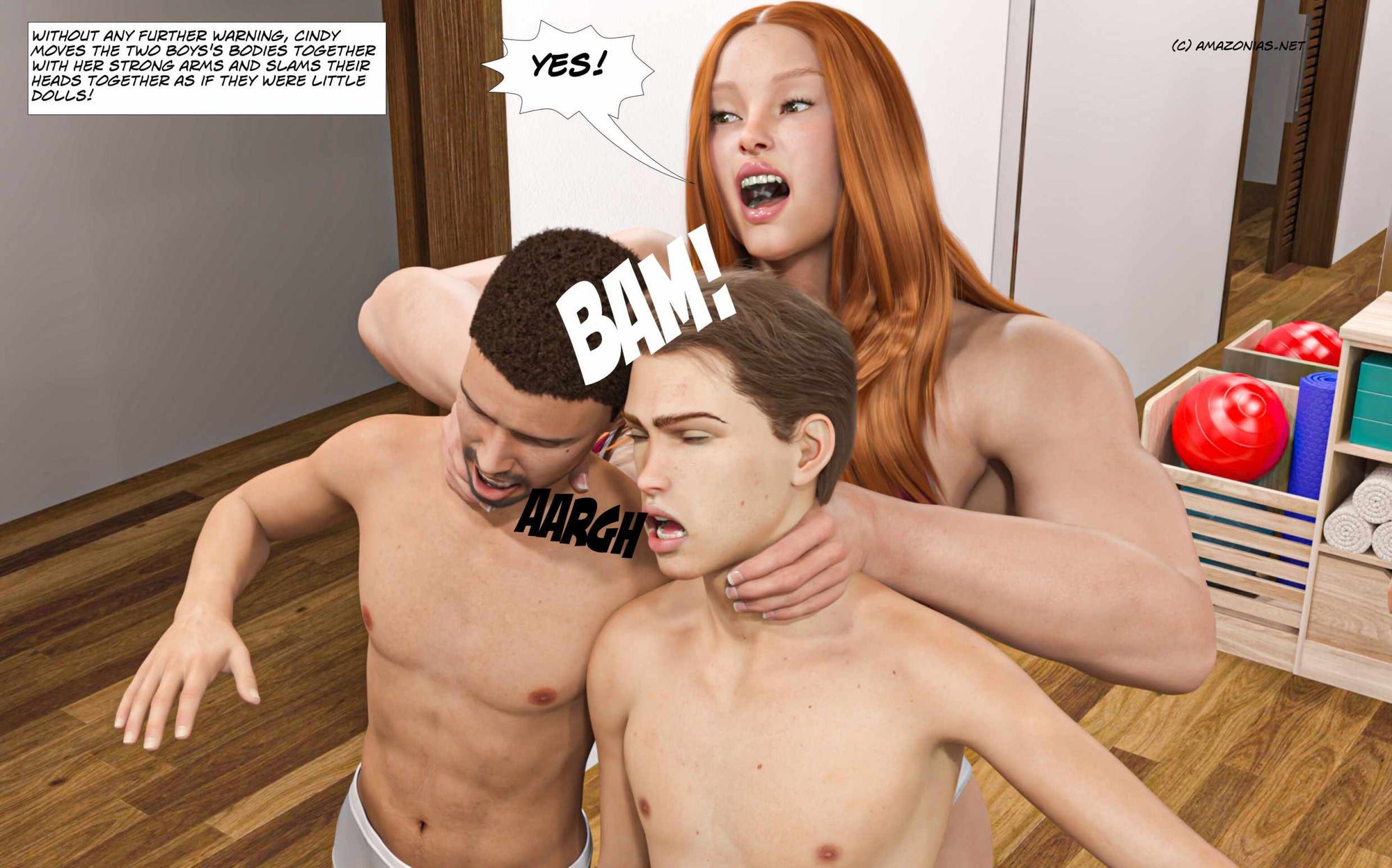 female bodyubuilder slamming two guys' heads together