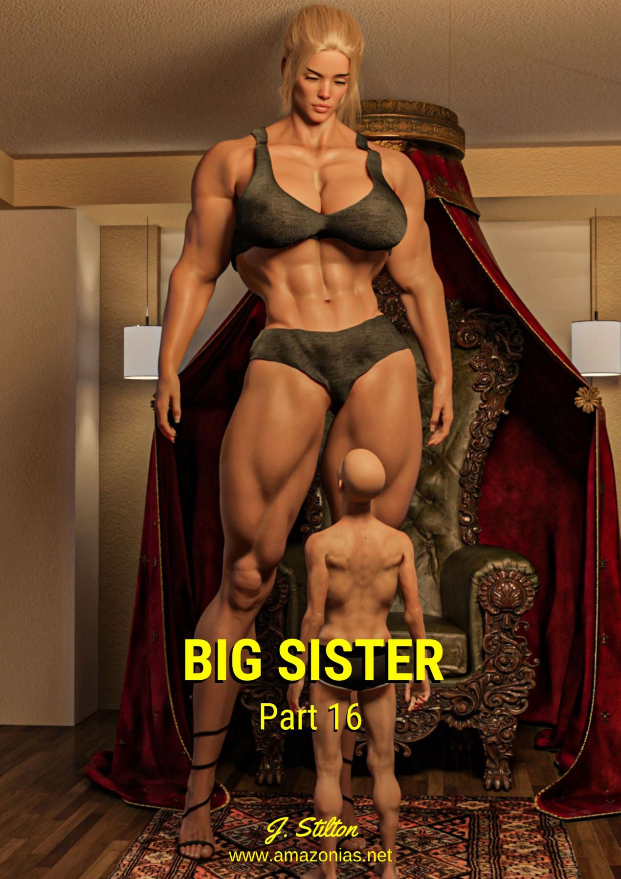 huge female bodybuilder towering over small man