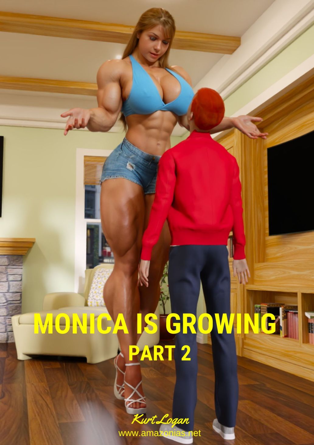 huge musclegirl towering over short man