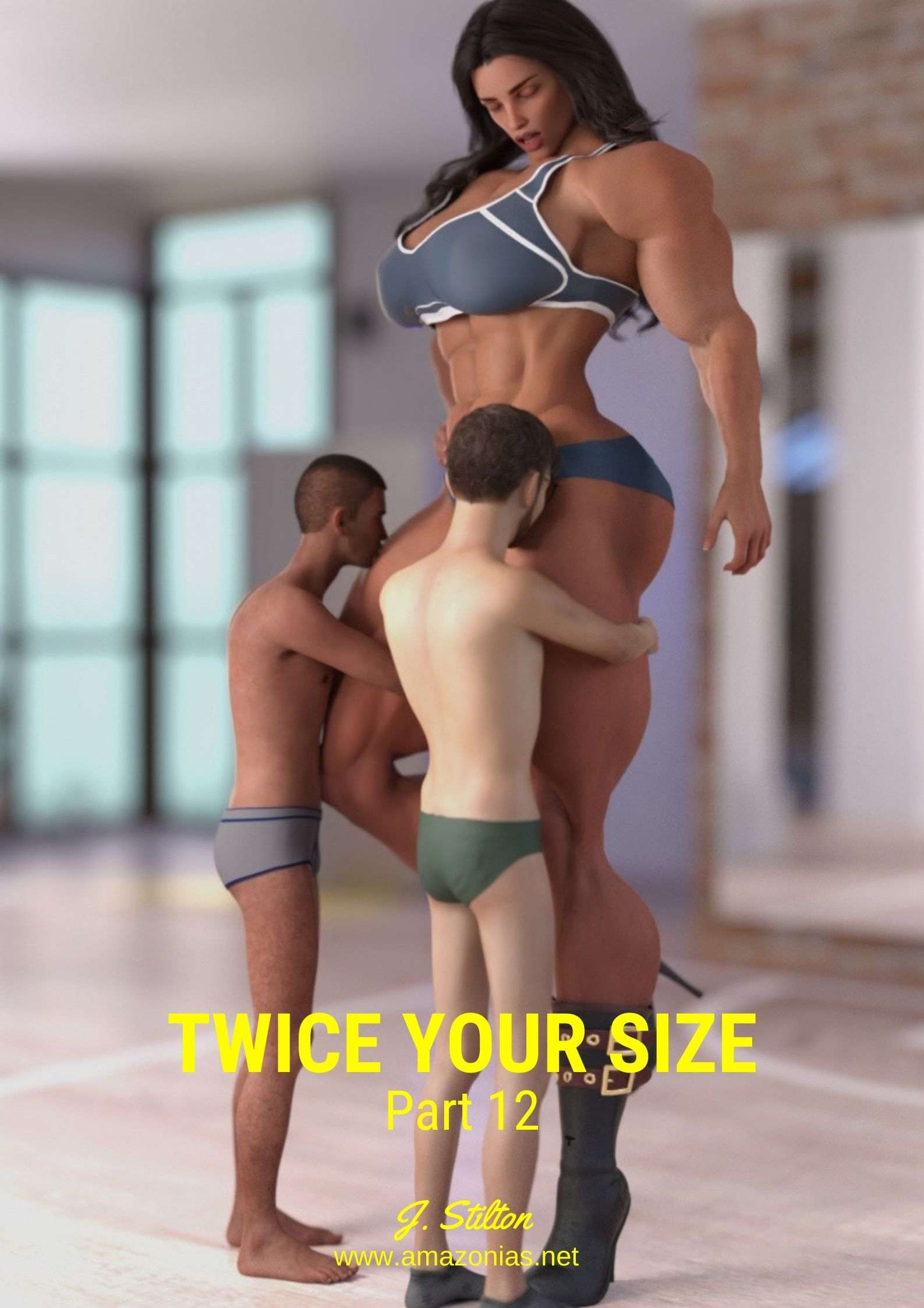 huge female bodybuilder and two small guys