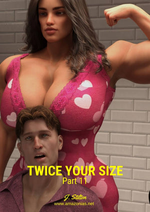 huge female bodybuilder flexing over short man