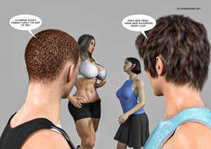 two men staring at female bodybuilder