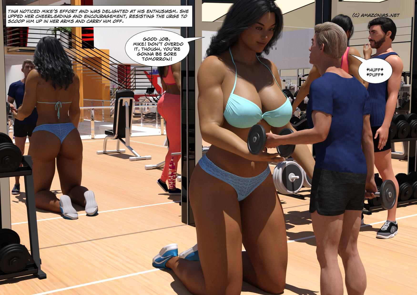 mini giantess with short guy in gym