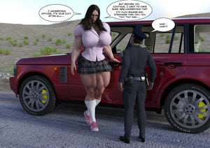 big musclegirl towering over cop