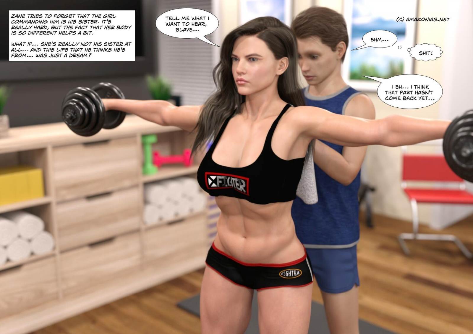 small guy drying back of fitness girl