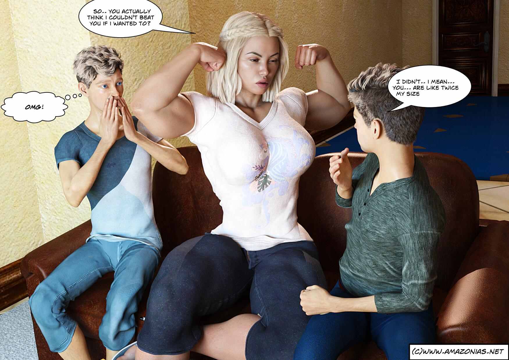 musclegirl flexing at two boys