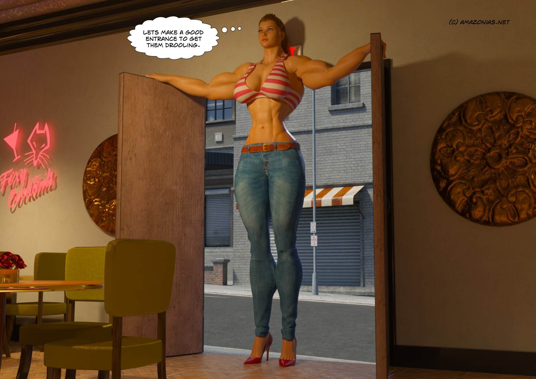 a huge female bodybuilder enters a bar