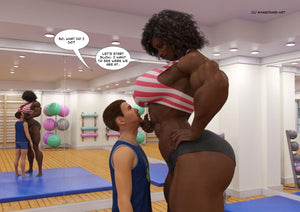 black female bodybuilder and tiny man
