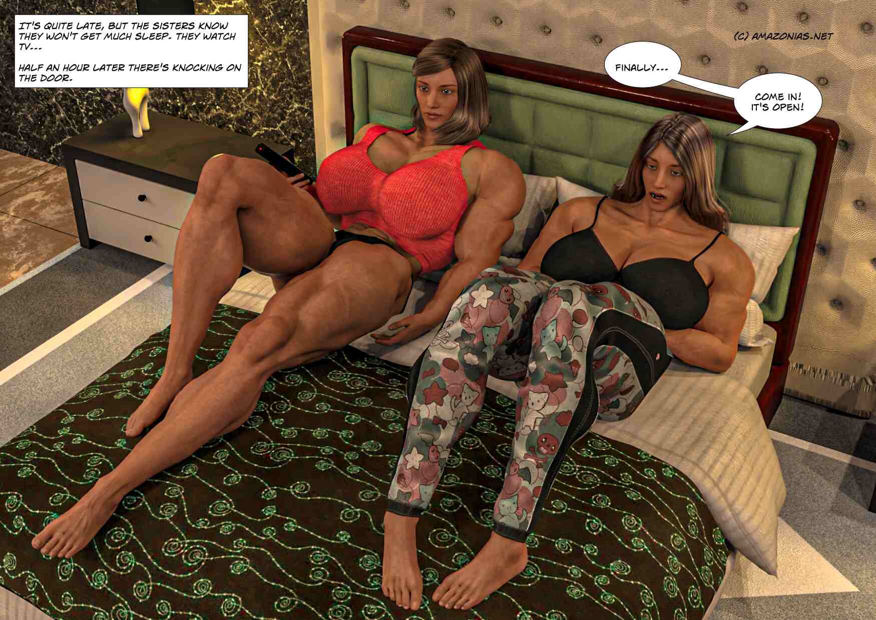 two huge female bodybuilders lying on the bed