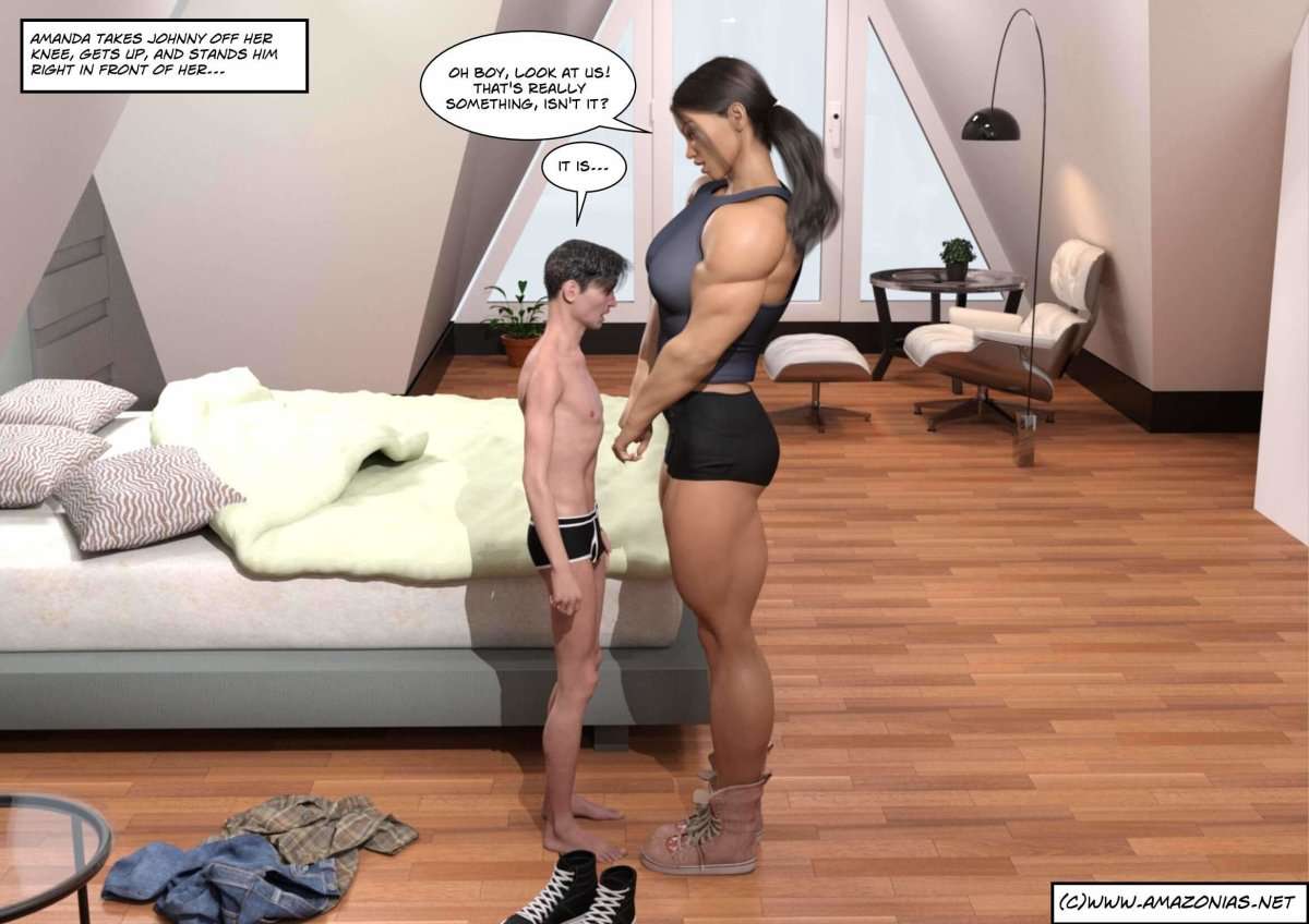 huge musclegirl towers over small man