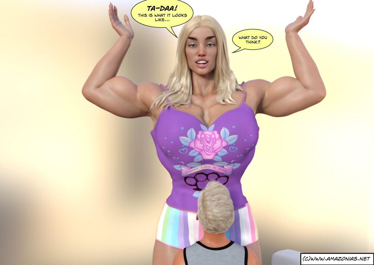 female bodybuilder towering over little guy