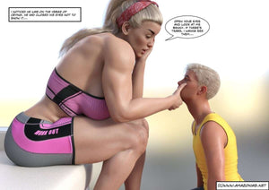 short guy kneeling for musclegirl