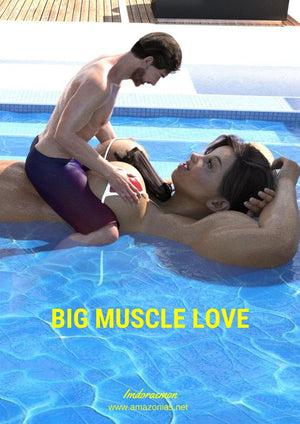 tiny man sitting on big girl in pool