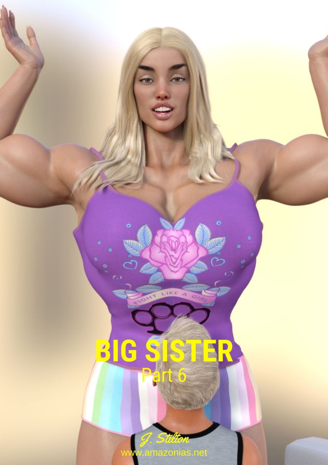 huge female bodybuilder towering over her brother
